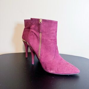 Guess Barbie Boho Stiletto Booties Pink Purple Faux Suede Side Zip 9.5 3” Heel